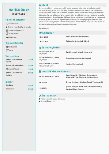 Beslenme Uzmanı Diyetisyen CV Örnekleri cv indir